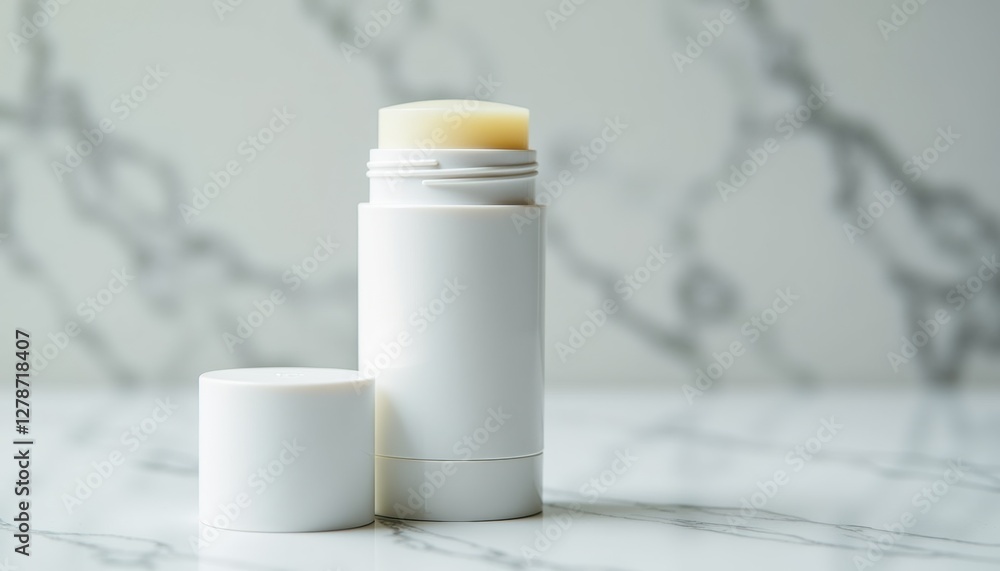 Poster close-up of deodorant stick with stylish packaging on light marble background with modern simplicity