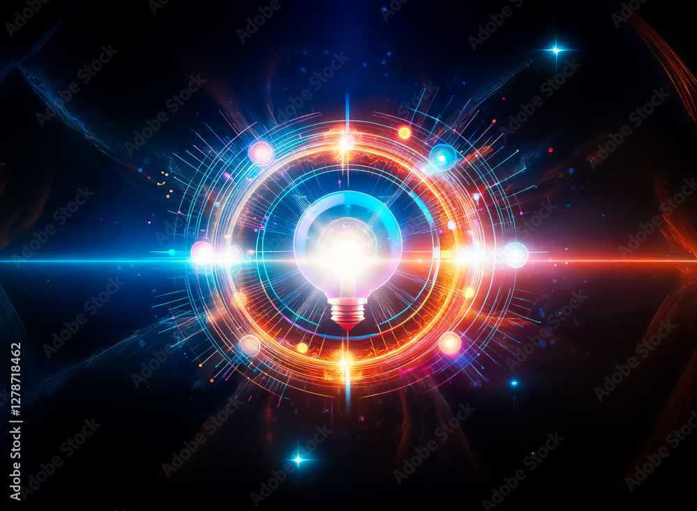 Poster vibrant abstract glowing light bulb at center with circular neon lines, bright dots on dark backdrop