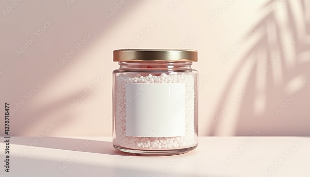 Aufkleber elegant bath salt jar mockup with sleek container and clear label against a soft pastel background, 