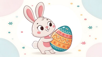 Easter bunny holding a decorated egg pastel carto