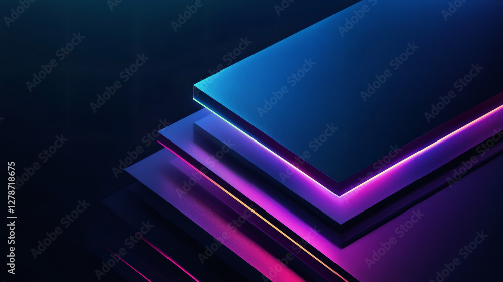 Leinwandbilder Abstract background with glowing neon lights highlighting edges of overlapping squares, creating a colorful gradient effect