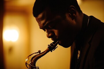 Saxophonist performs jazz club concert stage