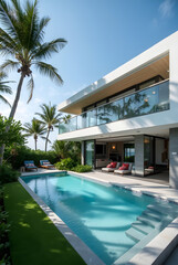 Fototapeta premium Luxury modern beachfront villa with a stunning blue pool, lush tropical garden, panoramic ocean views, and elegant contemporary architecture.