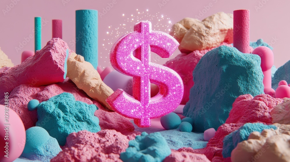 Poster luminous glowing dollar symbol surrounded by colorful elements and sparkles in a dreamy setting