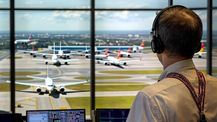 Air traffic controller managing flight operations at a busy airport during the day