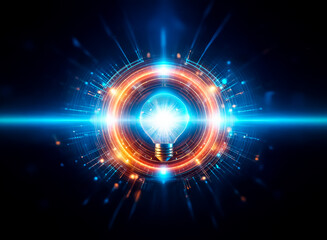 Fototapeta premium Bright light bulb with radiating blue and orange energy bursts and circular designs on a dark background.