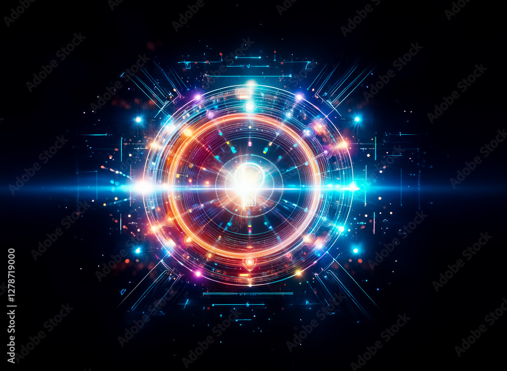 Poster a vibrant abstract design featuring a glowing circular shape with a central light bulb motif against