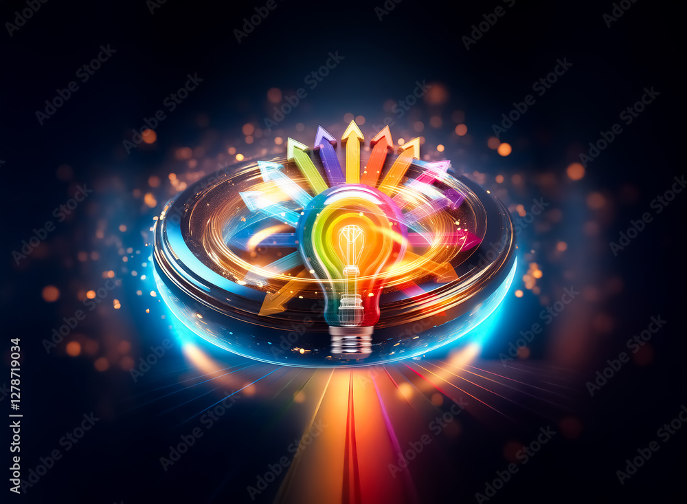Poster a radiant light bulb emits colorful arrows in every direction, representing bright ideas and innovat