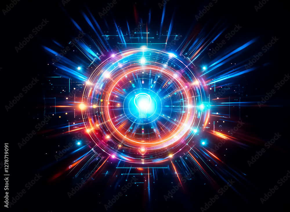 Poster a vibrant abstract design featuring a glowing circular shape with a central light bulb motif against