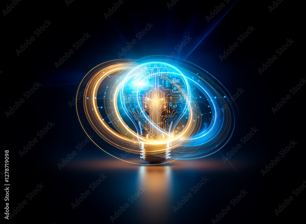 Aufkleber A glowing light bulb with a circuit board inside, symbolizing innovation and technological advancement.  Its warm light reflects on a dark surface, creating a futuristic and elegant feel.