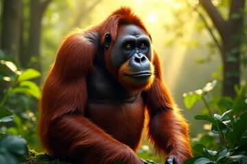 Majestic Orangutan in Lush Rainforest Habitat Close-up