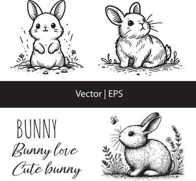 Vector EPS bunny rabbits and outlined text ideal to create sublimation, stickers or to use in book illustrations, chapters, and covers creating patterns and more