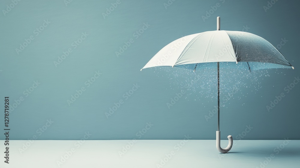 Poster luminous umbrella shielding sparkling particles in a soft blue background for creative visual projec