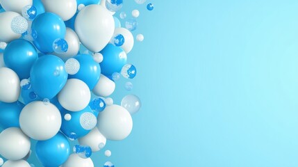 Vibrant Collection of Blue and White Balloons and Bubbles Against a Soft Blue Background for Celebrations