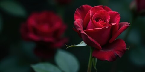 Obraz premium Single red rose, velvet petals, dark garden backdrop, nature, night garden, night