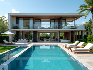 Fototapeta premium Luxury modern beachfront villa with a stunning blue pool, lush tropical garden, panoramic ocean views, and elegant contemporary architecture.