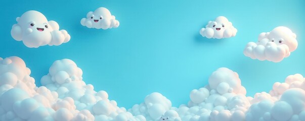 Smiling cartoon clouds, varying shapes & sizes, on a clear blue backdrop , pastel, serenity, cheerful