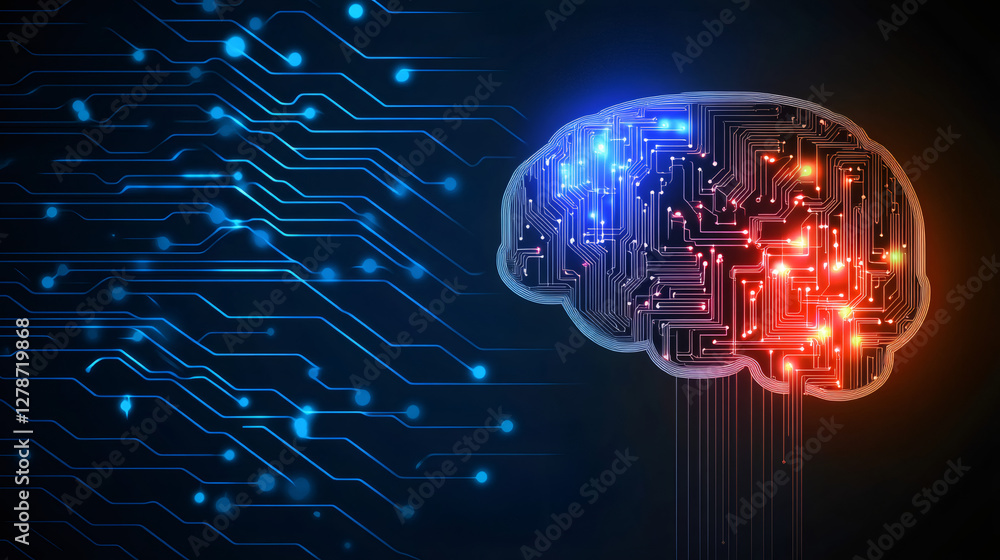 Aufkleber Digital brain network illustrating AI technology, neural connections glowing through interconnected electronic circuit pathways