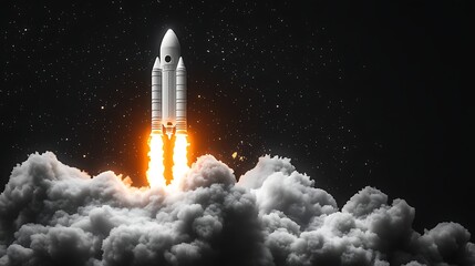 Obraz premium Rocket Launching into Space, A rocket launching into space, surrounded by clouds and a starry sky