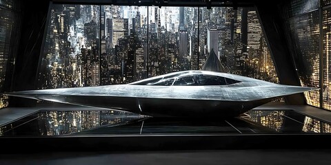 Futuristic Spaceship in Cityscape Display