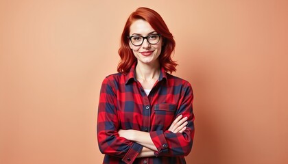 Fototapeta premium Confident red-haired woman in plaid shirt, arms crossed, professional portrait