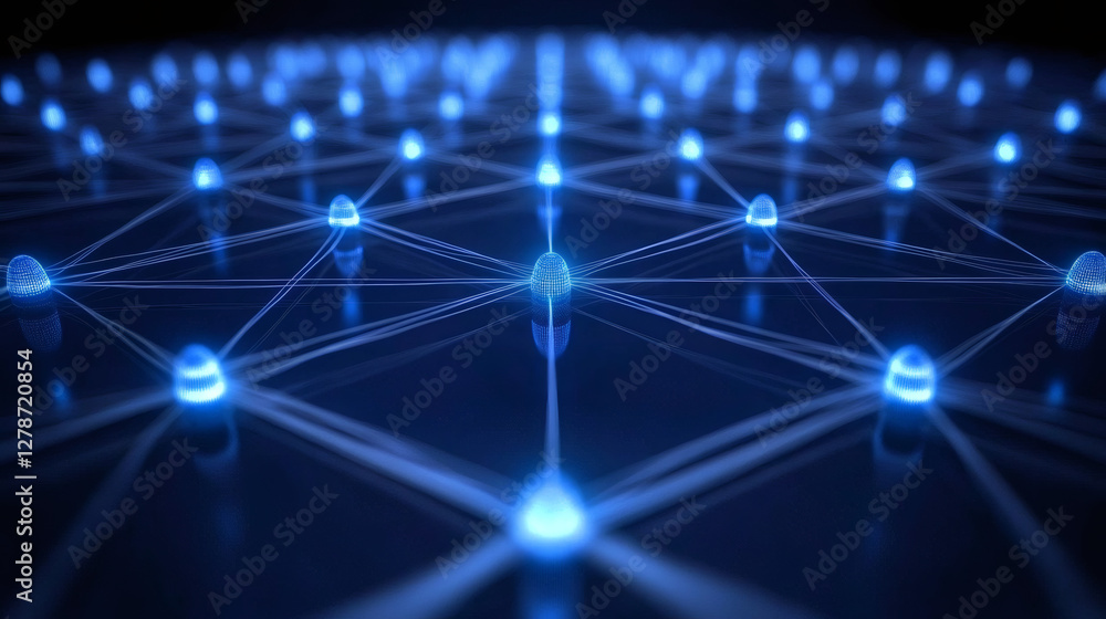 Poster Interconnected network nodes exchanging data through wires, creating a futuristic technological grid, symbolizing global communication and data flow