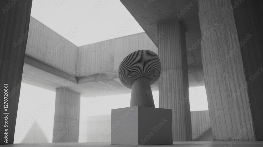 Poster abstract minimalist sculpture with gray backdrop and wave-like design in modern architectural space