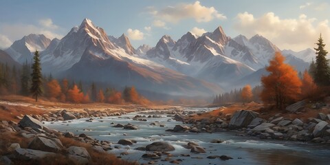 Obraz premium Scenic Mountain Landscape with Snow-Capped Peaks, Evergreen Forest, and Frozen River in Serene Valley