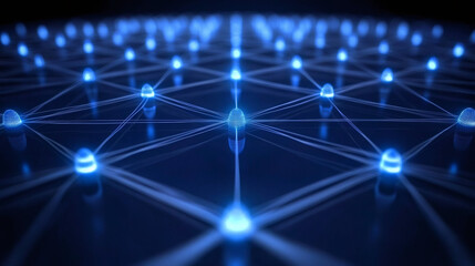 Interconnected network nodes exchanging data through wires, creating a futuristic technological grid, symbolizing global communication and data flow