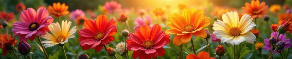 Obraz premium Sun-drenched mixed flowers, rich hues, close-up detail, photography, image, close-up