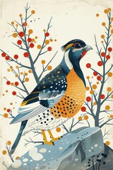 Fototapeta premium A colorful bird illustration surrounded by stylized trees and berries.