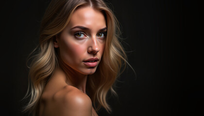Fototapeta premium Pensive blonde woman gazing softly on dark background, perfect for editorial content