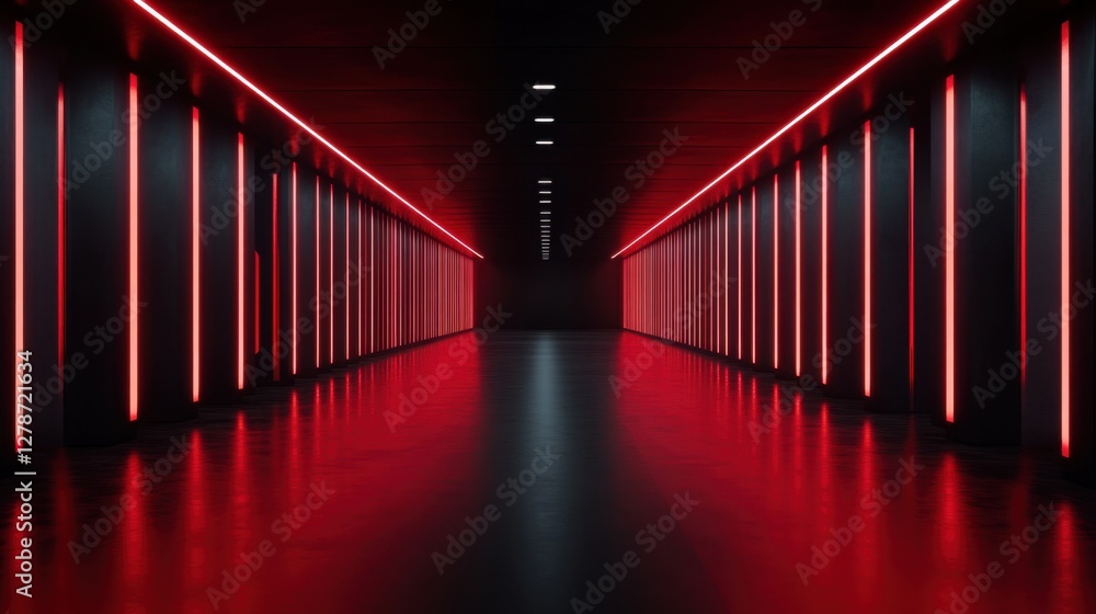 Poster futuristic corridor illuminated by red neon lights, creating a striking visual and sense of depth