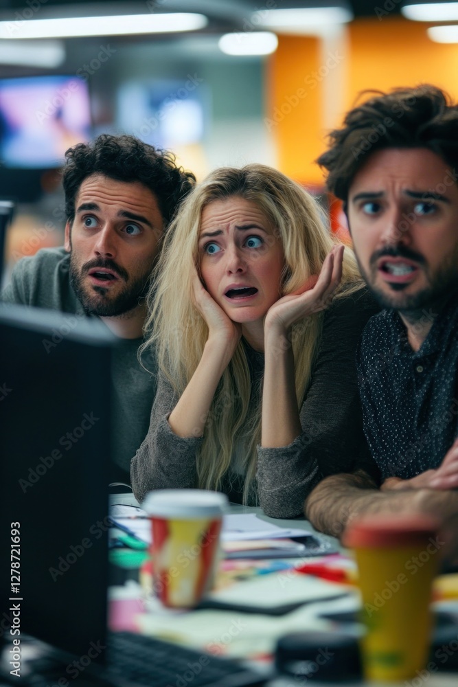 Poster three colleagues in an office displaying shock and concern while watching something on a computer sc