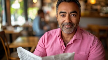 Man reading newspaper in a coffee shop, enjoying leisure time, casual outfit, middle-aged, relaxed lifestyle, news media consumption, urban setting.