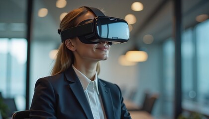 Smiling professional woman using VR headset in modern office, tech innovation concept