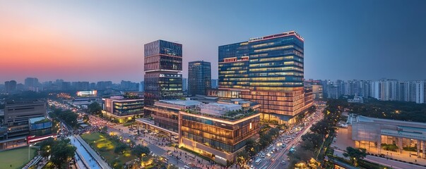 A panoramic view of Delhi Business Hub at dusk, with high-rise buildings illuminated and busy streets filled with professionals and commuters