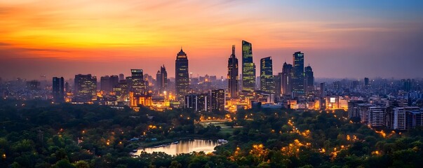 A serene view of Delhi Business Hub at sunset, with the city skyline bathed in warm golden light and office buildings illuminated in the evening