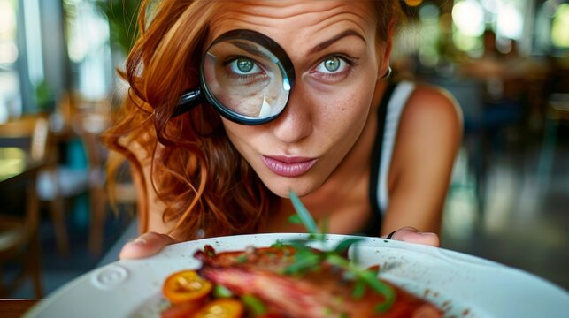 Woman examines meal ingredients closely with magnifying glass, showing concern as a food critic