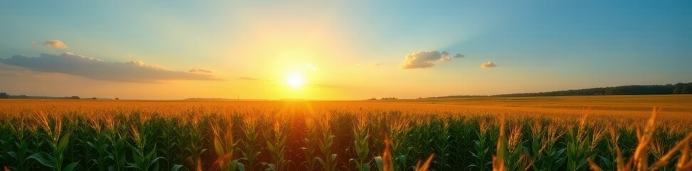 Vast cornfield at daybreak, sun rising over clear blue sky , sunrise, corn, landscape