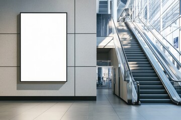 Fototapeta premium Blank billboard in modern airport terminal with escalator
