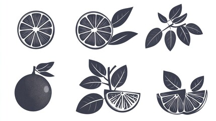 Illustration of citrus fruit slices and segments with leaves for food designs