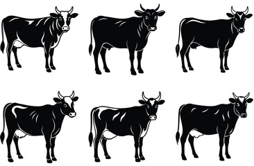 Cow silhouette set (breeds and angles). Vector Calf Silhouettes Isolated on White.