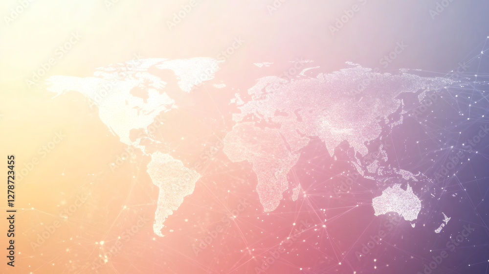 Aufkleber White dotted world map with connecting lines on a colorful gradient background, representing global communication and data flow