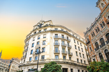 Naklejka premium Facade of the building La Union y El Fenix, Seville, Spain.