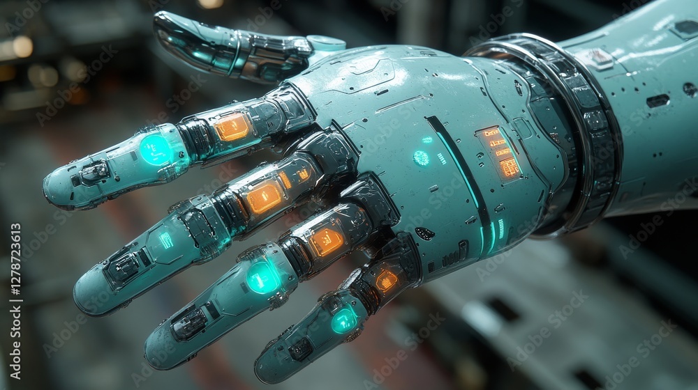 Poster futuristic robotic hand with advanced technology interface elements