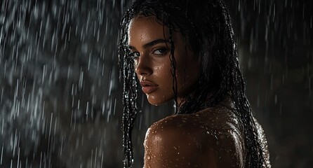 Fototapeta premium A beautiful woman with long black hair standing in the rain, with water droplets on her skin and body