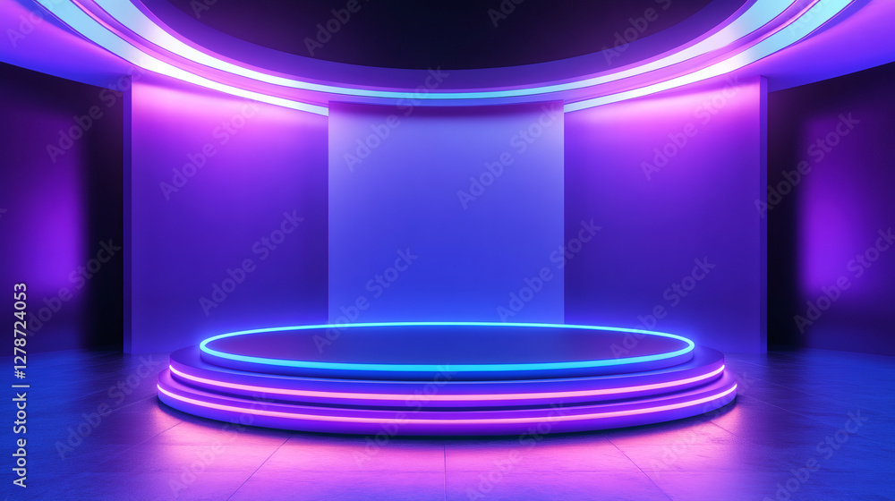 Poster circular stage with neon lights illuminating a blank wall in a dark studio, perfect for showcasing p