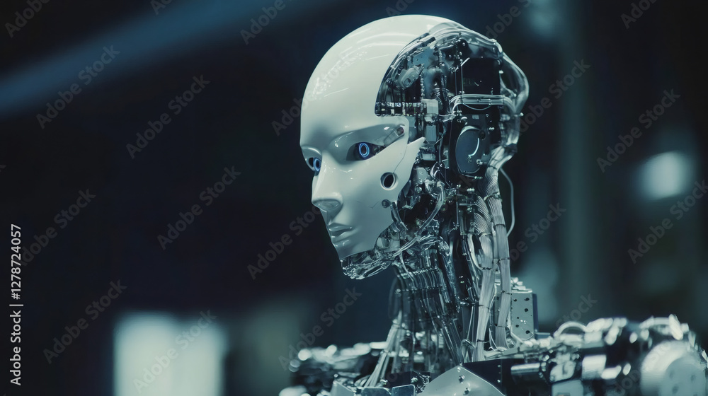 Aufkleber futuristic female android with exposed circuits and glowing blue eyes representing the power of mach