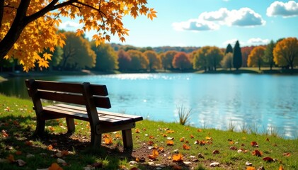 Obraz premium Wooden bench sits vacant, lake and trees backdrop , summer, peaceful